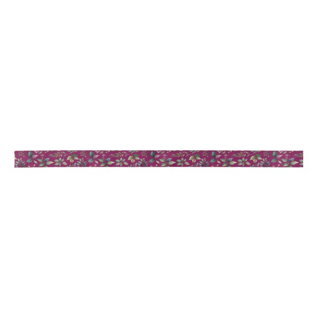 Rustic Leaves and Berries Burgundy Red Christmas Satin Ribbon (Front)