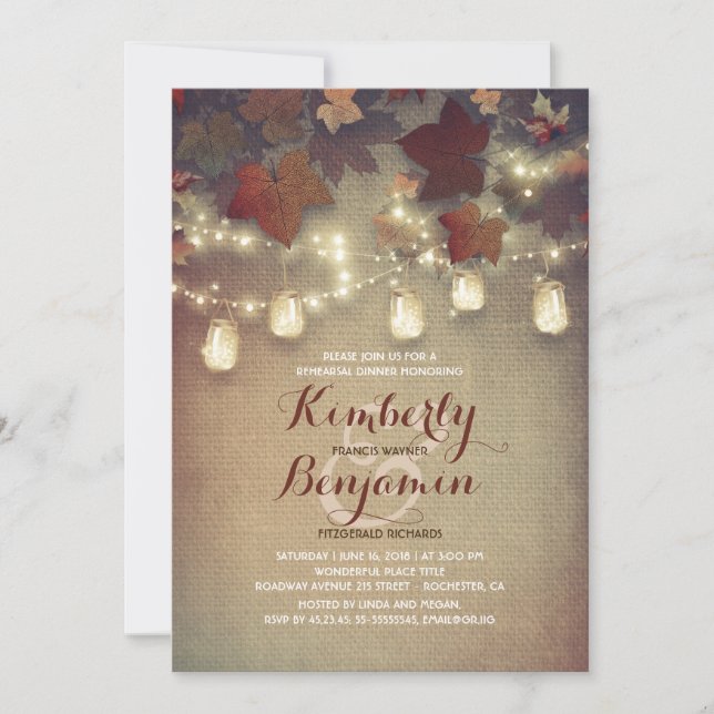 Rustic Leaves and Mason Jars Fall Rehearsal Dinner Invitation (Front)