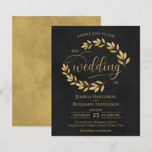 Rustic Leaves Black & Gold BUDGET Wedding Invite (Front/Back)