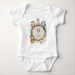 Rustic Leaves Cute Woodland Animal Custom Monogram Baby Bodysuit<br><div class="desc">This unique design features a group of adorable woodland animals and rustic watercolor greenery. Personalize the t-shirt with your child's initial and name by clicking the "personalize" button.</div>
