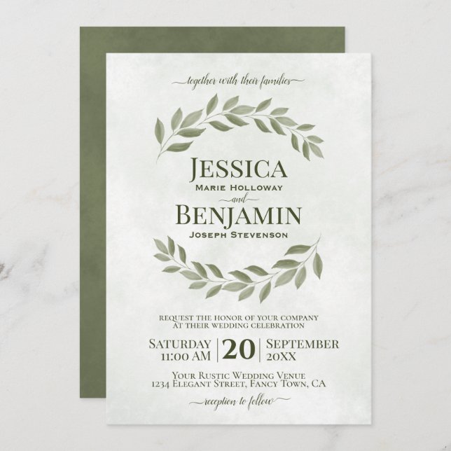 Rustic Leaves Elegant Sage & Olive Green Wedding Invitation (Front/Back)