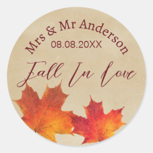 Rustic Leaves Fall in Love Autumn Wedding Favour Classic Round Sticker