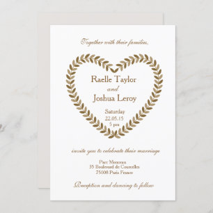 Rustic leaves heart gold white wedding invitation