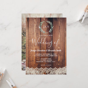 Rustic leaves lace on wood photo wedding invitation