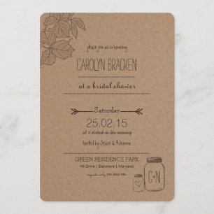 Rustic Leaves  Masonjar   Heart Bridal Shower Invitation