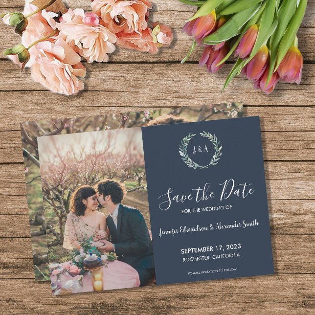 Rustic leaves monogram photo Save the Date Invitation (Rustic leaves monogram photo Save the Date Invitation. You can add your own photos and text.)