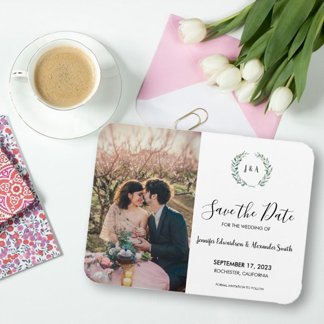 Rustic leaves monogram photo Save the Date Magnet (Rustic watercolor leaves monogrammed photo Save the Date Magnet.
)