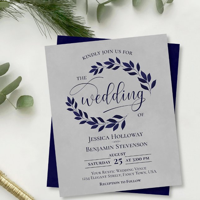 Rustic Leaves Navy Blue Grey BUDGET Wedding Invite (Creator Uploaded)