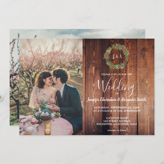 Rustic leaves on barn wood monogram photo Wedding Invitation (Front/Back)