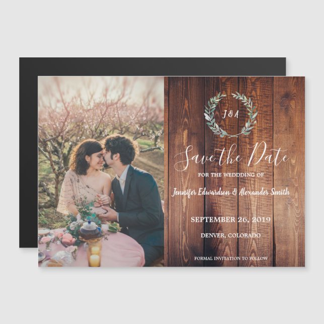 Rustic leaves on barn wood photo Save the Date Magnetic Invitation (Front/Back)