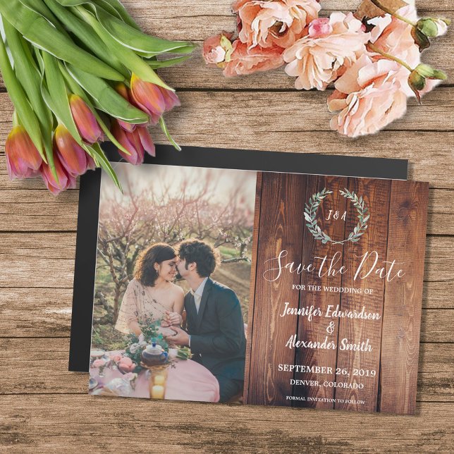 Rustic leaves on barn wood photo Save the Date Magnetic Invitation (Rustic watercolor leaves on barn wood photo magnetic Save the Date card.)