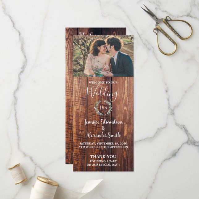 Rustic leaves on barn wood photo wedding program (Front/Back In Situ)