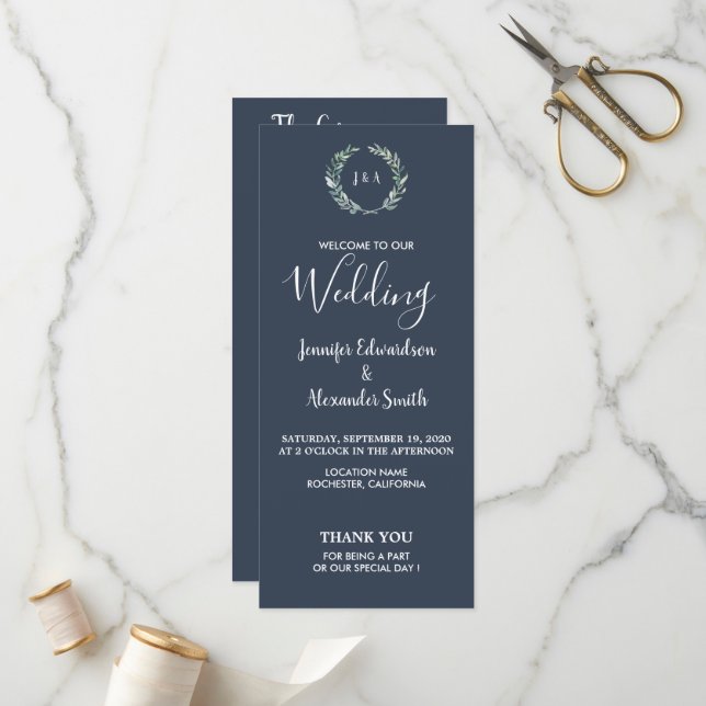 Rustic leaves on navy blue wedding program (Front/Back In Situ)