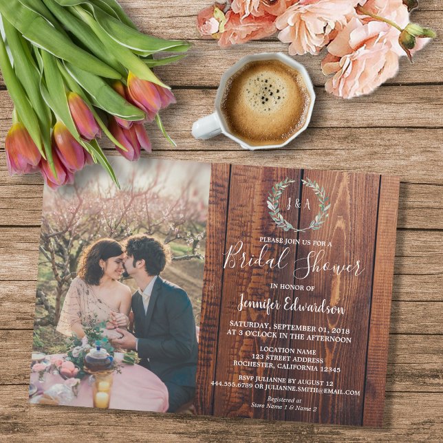 Rustic leaves on wood monogram photo Bridal Shower Invitation (Rustic leaves on barn wood monogrammed photo Bridal Shower Invitation.)