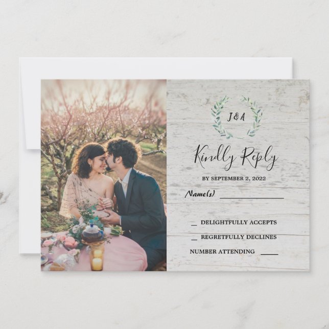 Rustic leaves on wood monogram photo RSVP Wedding Invitation (Front)