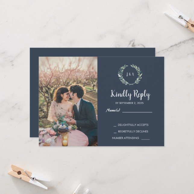 Rustic leaves on wood monogram photo RSVP Wedding Invitation (Front/Back In Situ)