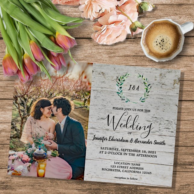 Rustic leaves on wood monogram photo Wedding Magnetic Invitation (Rustic leaves on wood monogrammed photo Magnetic wedding Invitation.)