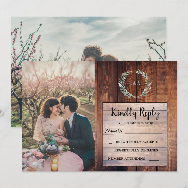 Rustic leaves on wood monogram photo Wedding RSVP Invitation (Front/Back)