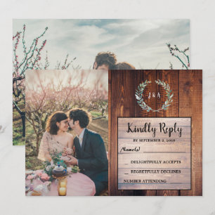 Rustic leaves on wood monogram photo Wedding RSVP Invitation