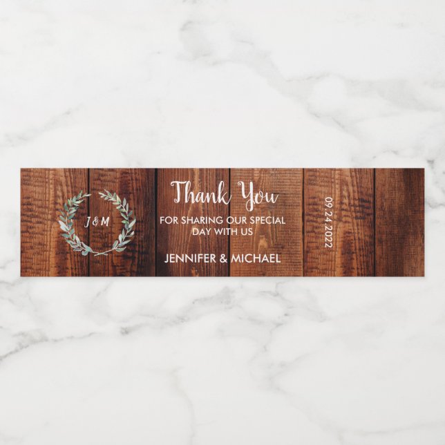 Rustic leaves on wood monogram Wedding thank you Water Bottle Label (Single Label)