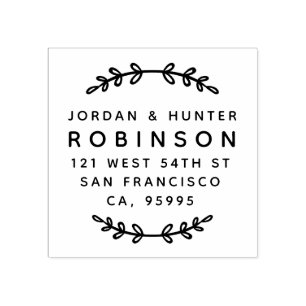 Rustic Leaves Round Married Couple Return Address Rubber Stamp