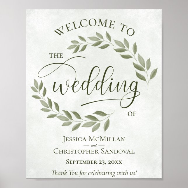 Rustic Leaves Sage & Olive Wedding Welcome Sign (Front)