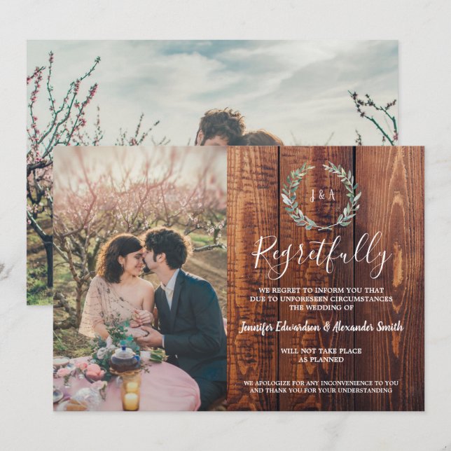 Rustic leaves wood monogram wedding cancellation invitation (Front/Back)