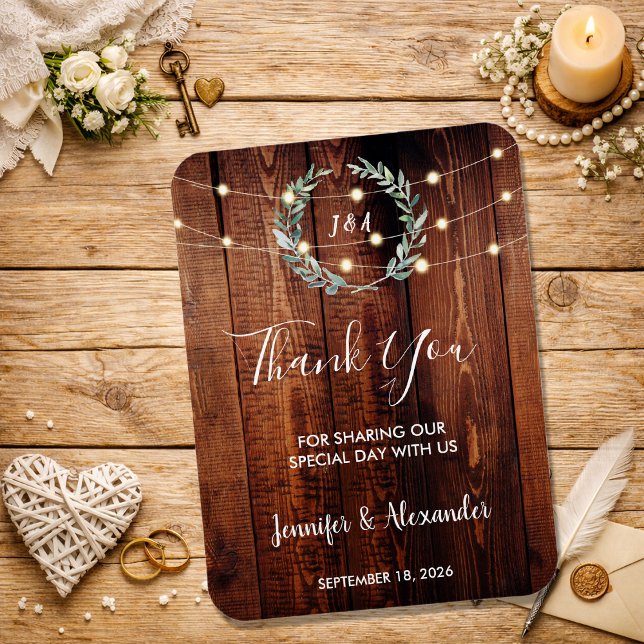 Rustic leaves wood string lights Thank you wedding Magnet (Rustic leaves wood string lights Thank you wedding Magnet. )