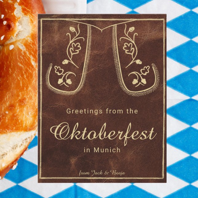 Rustic Lederhosen Oktoberfest Greeting Postcard (Creator Uploaded)