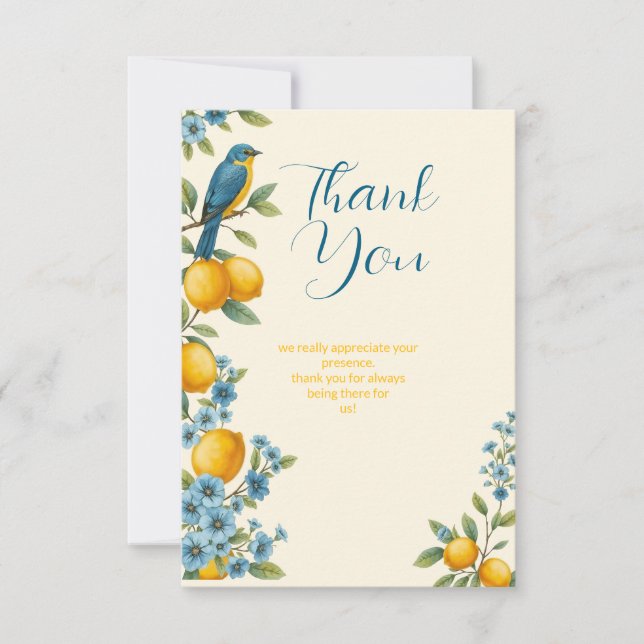 Rustic lemon and bluebird bridal shower thank you card (Front)