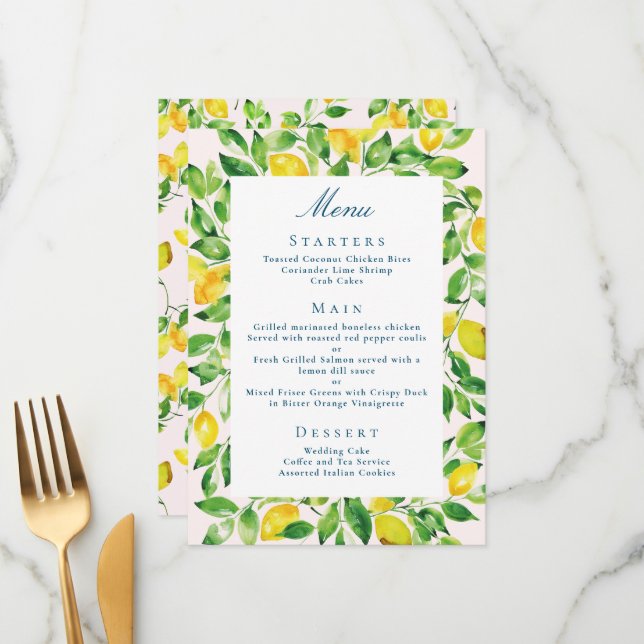 Rustic Lemon and Greenery Wedding Menu (Front/Back In Situ)