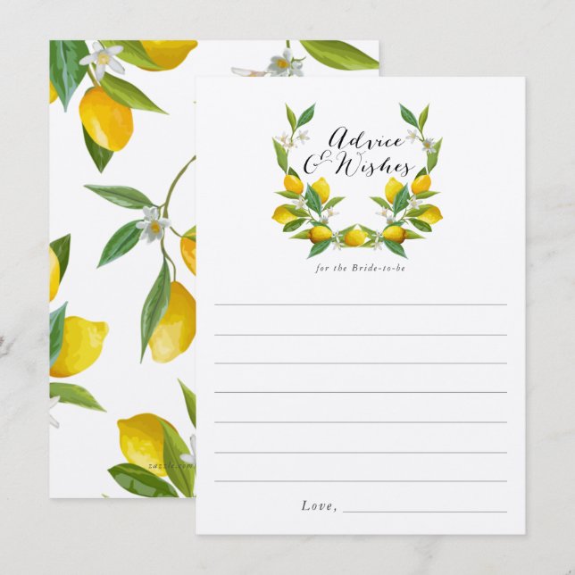 Rustic Lemon Bridal Shower advice and wishes cards (Front/Back)