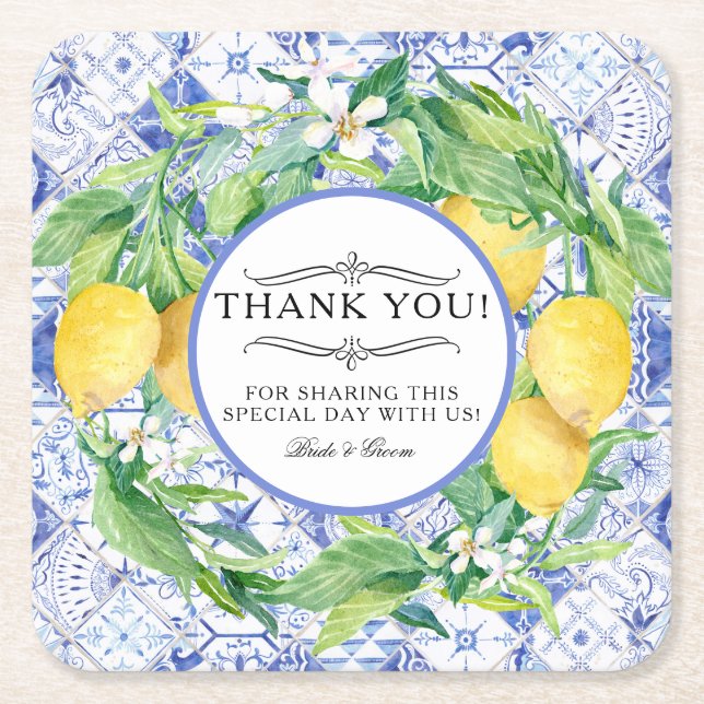 Rustic Lemon Farm Greenery Wreath Blue White Tile Square Paper Coaster (Front)