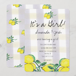 Rustic Lemon Watercolor Citrus Plaid Baby Shower Invitation