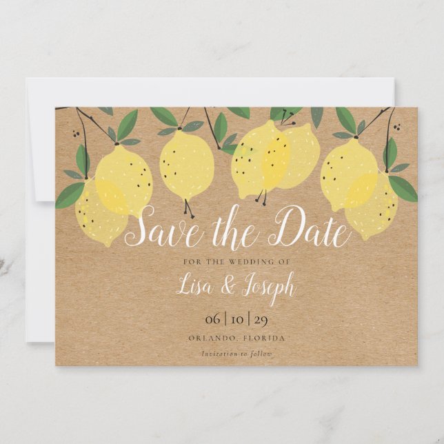 Rustic Lemons Boho Elegant Script Save The Date (Front)