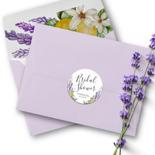 Rustic Lemons & Lavender Bridal Shower Favour Classic Round Sticker (Creator Uploaded)