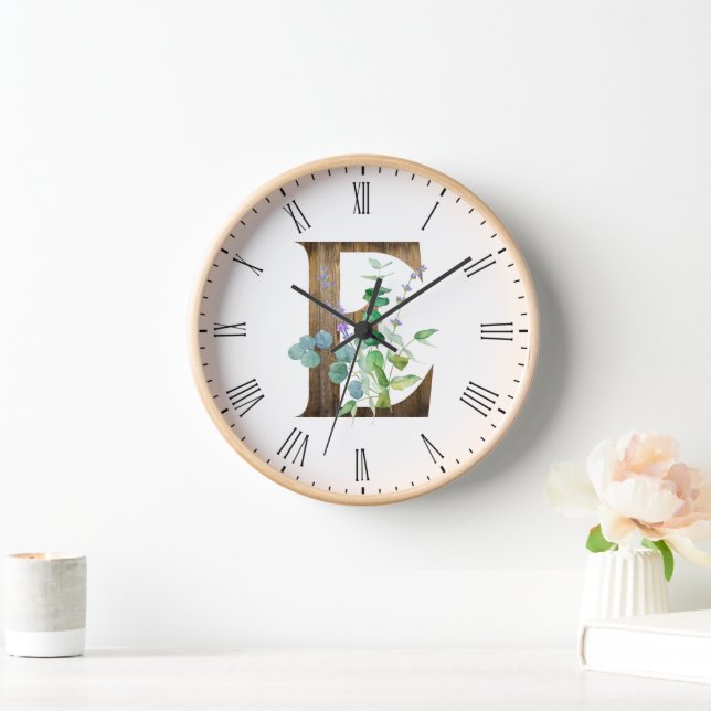 Rustic Letter E Wood Frame Clock (Home)