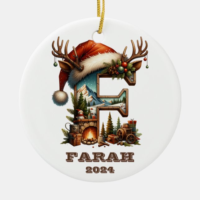 Rustic Letter F Cozy Cabin Scene Christmas Ceramic Ornament (Front)