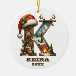 Rustic Letter 'K' Decorated with a Christmas Scene Ceramic Ornament