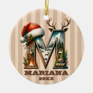 Rustic Letter M Christmas with Cozy Cabin Charm Ceramic Ornament