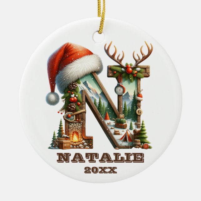 Rustic Letter N with Festive Winter Scene Ceramic Ornament (Front)