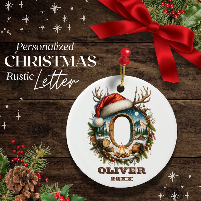 Rustic Letter O with Cozy Winter Camping Scene Ceramic Ornament (Creator Uploaded)