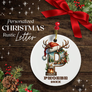 Rustic Letter P with Festive Winter Cabin Scene Ceramic Ornament