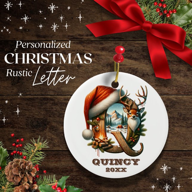 Rustic Letter Q Christmas Scene Personalizable Ceramic Ornament (Creator Uploaded)