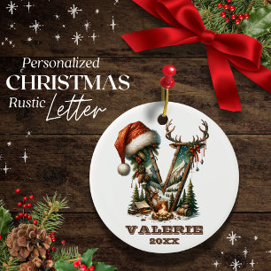 Rustic Letter V Personalizable Holiday Gift Ceramic Ornament