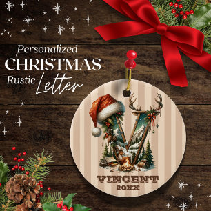 Rustic Letter V Vintage Holiday Personalized Ceramic Ornament