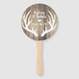 Rustic Light Barn Wood & White Deer Antler Wedding Hand Fan
