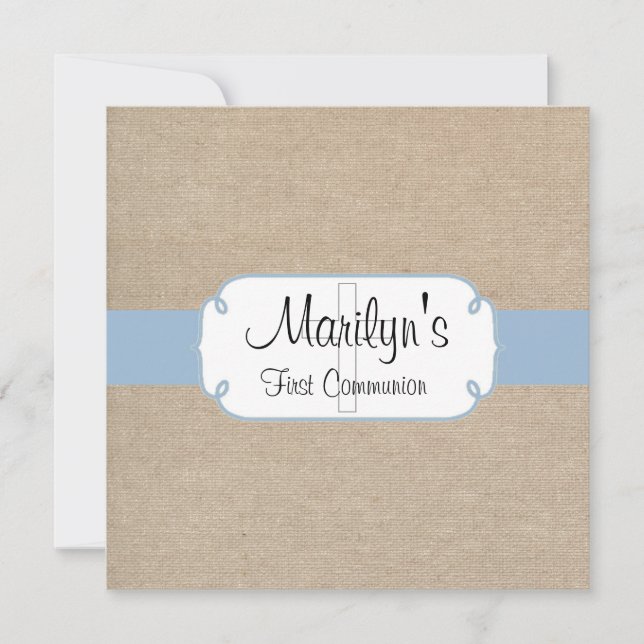 Rustic Light Blue and Beige Burlap First Communion Invitation (Front)