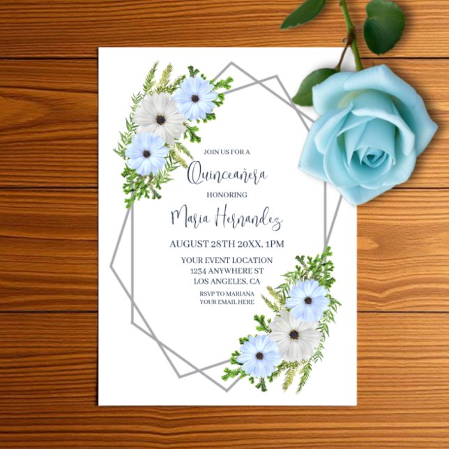 Rustic Light Blue and White Floral Quinceañera  Vellum Invitations (Creator Uploaded)