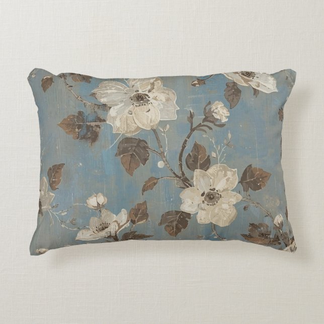 Rustic Light Blue Cocoa Brown Floral Print Accent Pillow (Front)